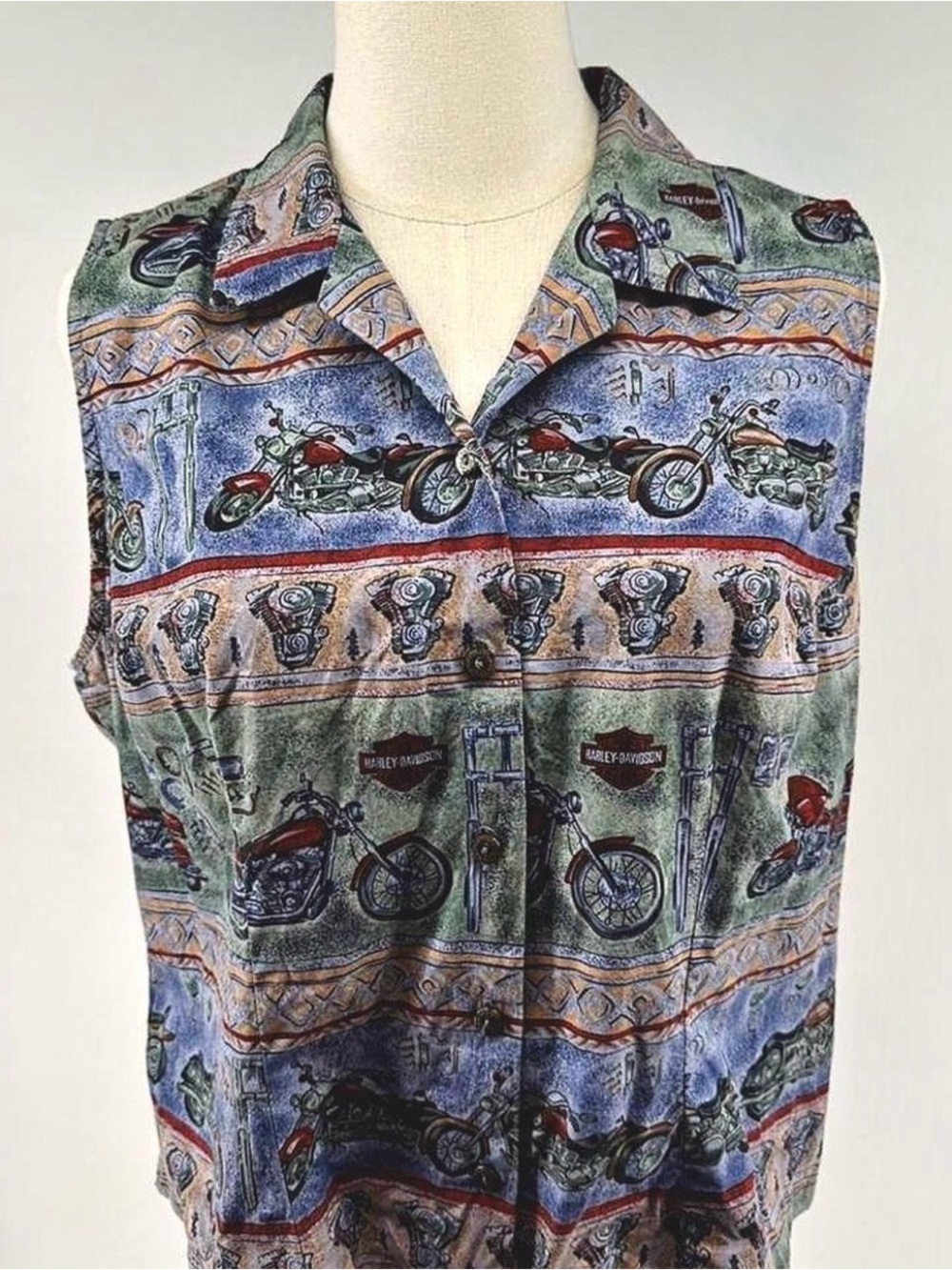 Harley-Davidson Multicolor Sleeveless Button-Down Shirt with Motorcycle Print